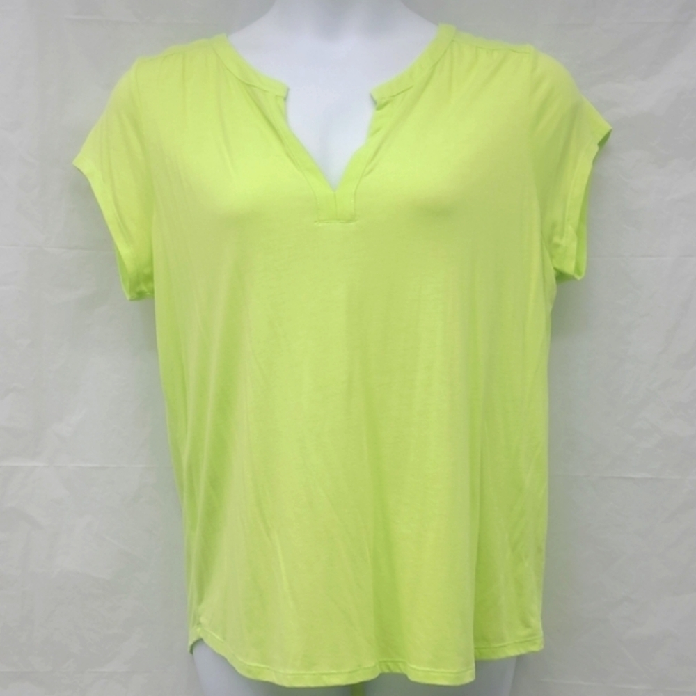 Neon Green V-Neck T-shirt Short Cap Sleeves Hi Lo
